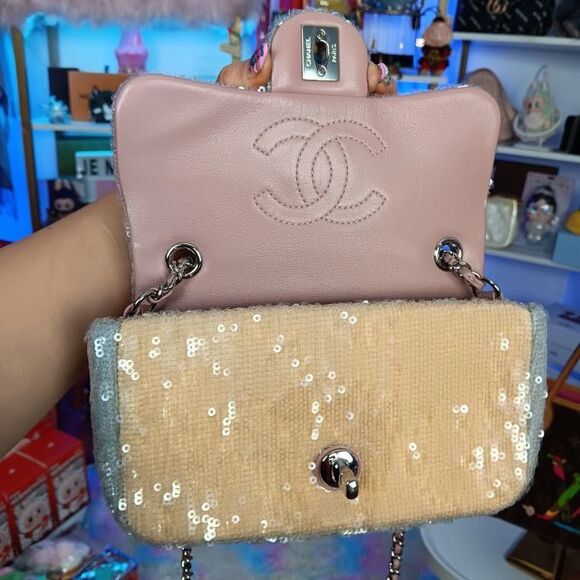 Chanel Waterfall Pastel Pink Multi Color Squin Flap Shoulder Crossbody Bag Full - Picture 9 of 16